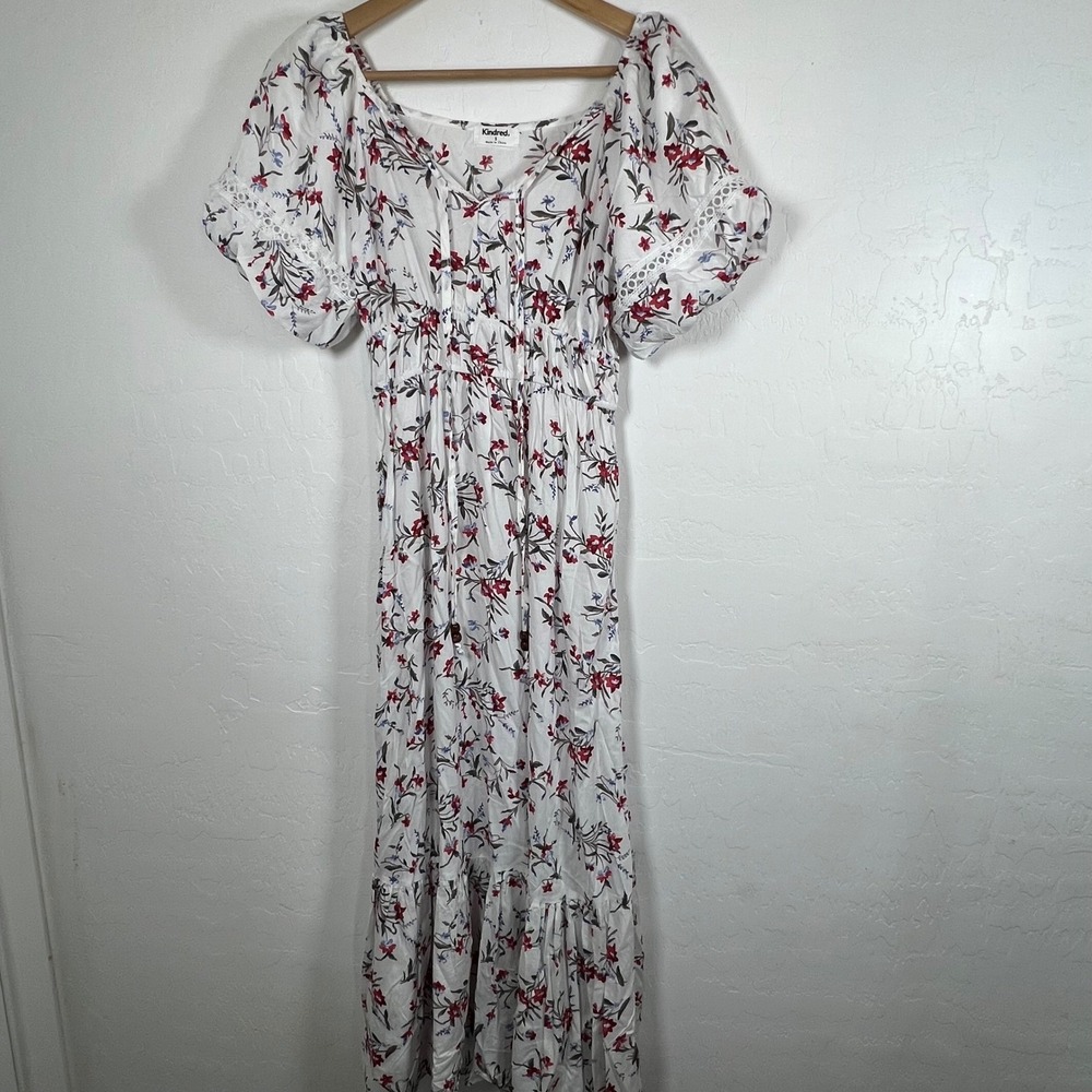 Kindred anthropologie Floral Maxi Dress White Boho Smocked Waist Puff Sleeve S